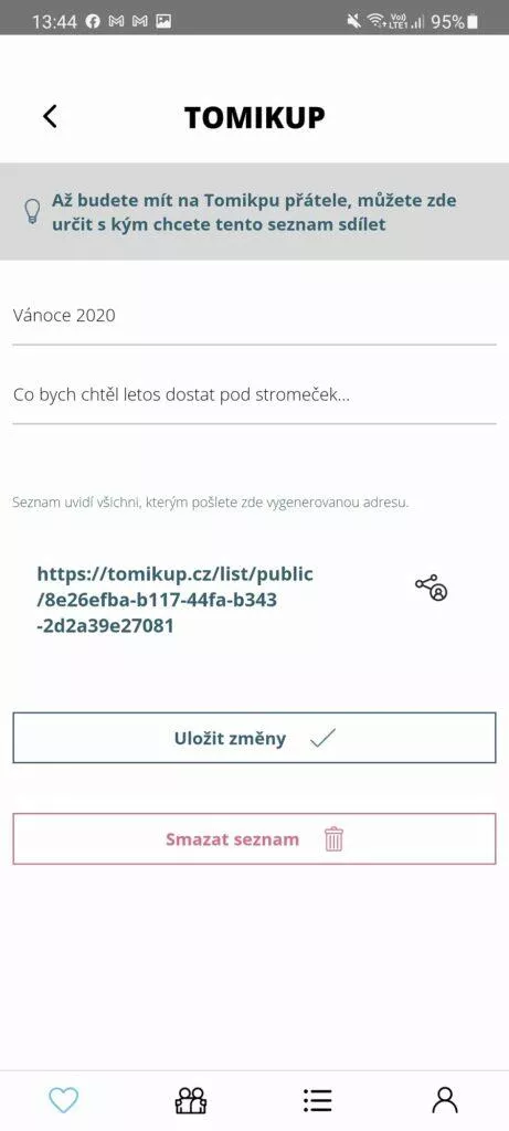 aplikace Tomikup.cz seznam přání sdílení nastavení seznamu