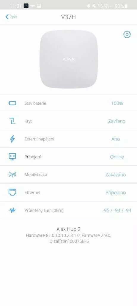hub 2 AJAX hlavní obrazovka
