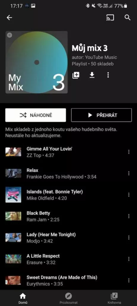 YouTube Music doporučování hudby muj mix 3 playlist