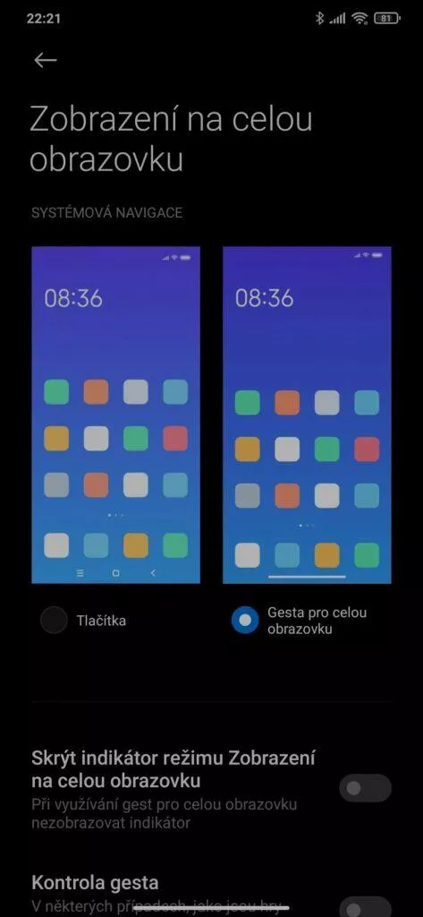 jak vypnout dolní menu softwarová tlačítka MIUI 3 gesta