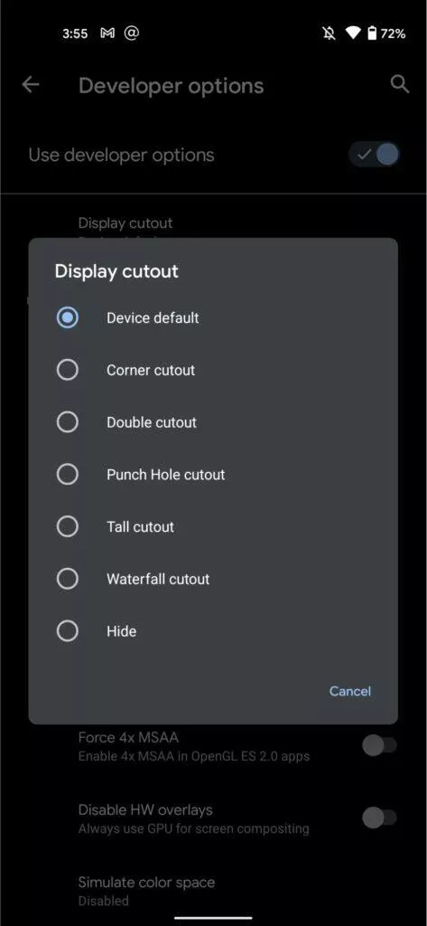 Android 12 Pixel pruh zakrývající foťák nastavení