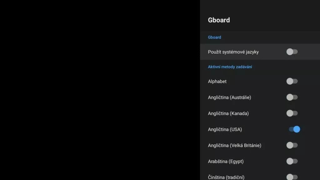 jak přepnout jazyk klávesnice Android TV výběr jazyka