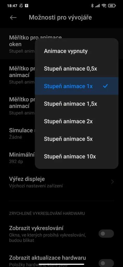 MIUI 12 zpomalený mobil animace měřítka hodnoty
