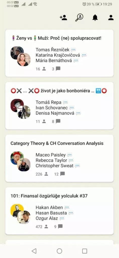 Android aplikace Clubhouse lite hlavní stránka