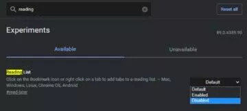 Google Chrome Seznam četby flags