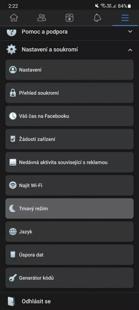 jak zapnout vypnout tmavý režim facebook návod