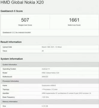 Nokia X20 v GeekBench