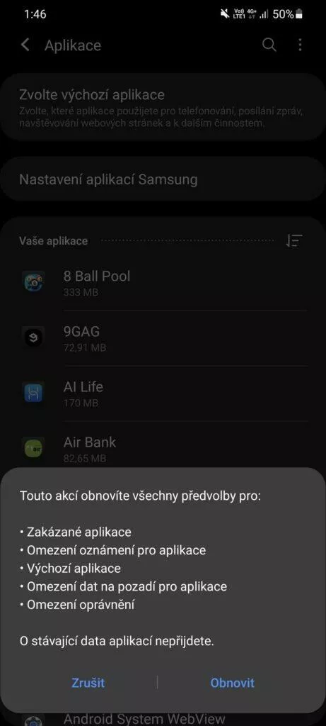 obnovení nastavení potvrzení