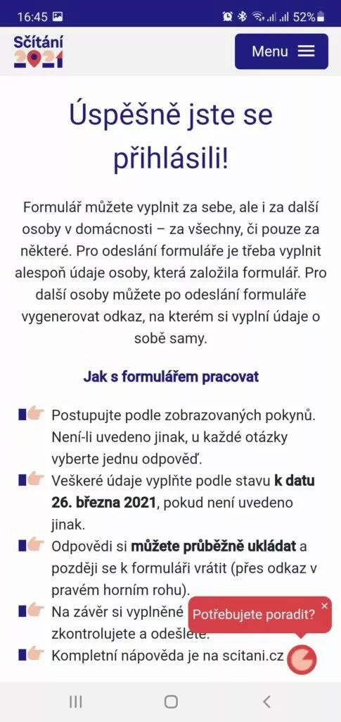 Sčítání 2021 přes mobil aplikace úspěšné přihlášení