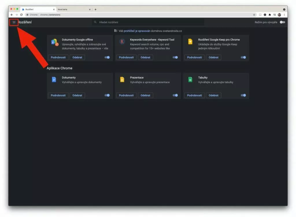 Google Chrome klávesové zkratky rozšíření - boční menu