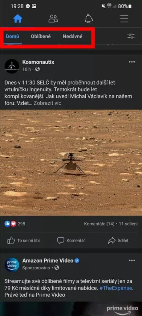 Facebook aplikace filtr příspěvků nový panel