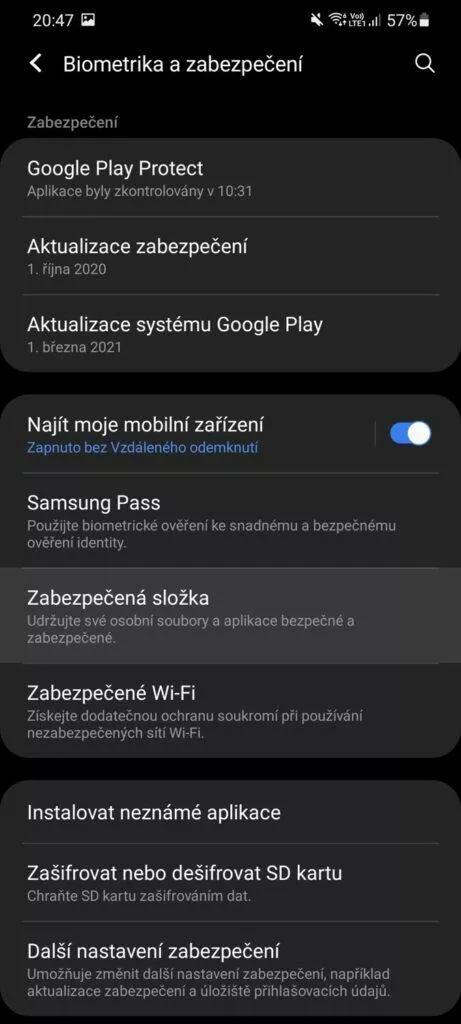 Jak v Samsung mobilu skrýt soubory Zabezpečená složka nastavení biometrika a zabezpečení