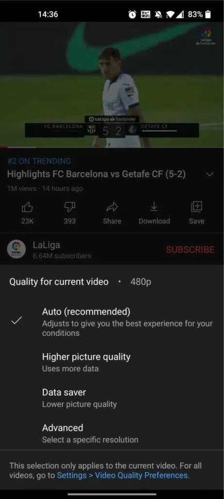 YouTube aplikace nové možnosti kvality ukázka