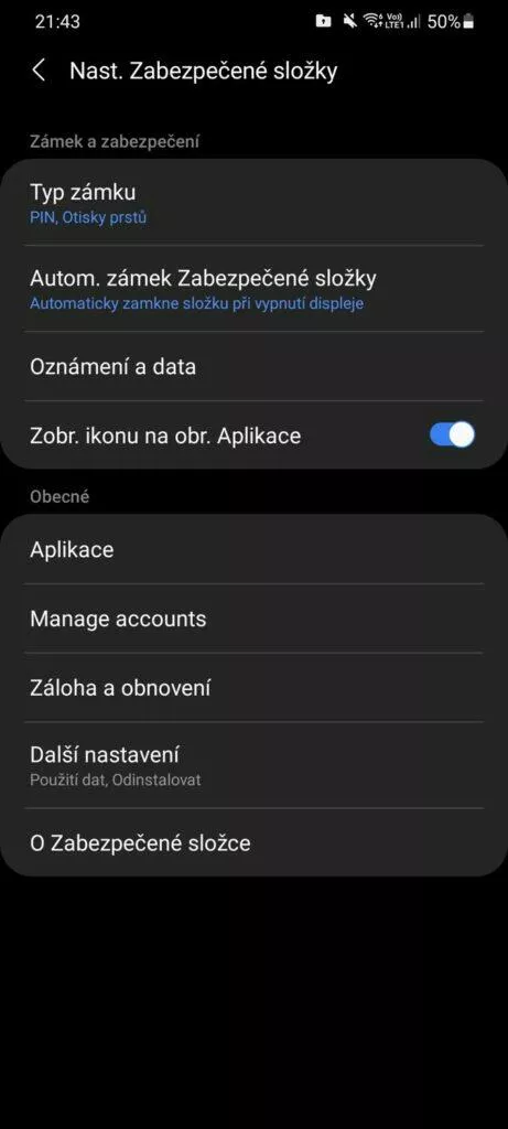 Zabezpečená složka nastavení