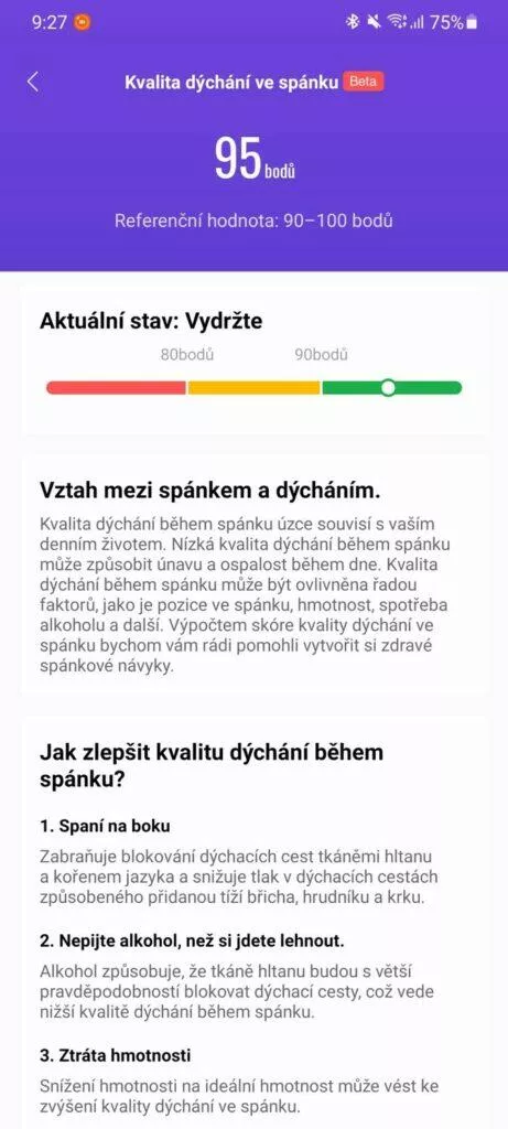 aplikace Mi Fit kvalita dýchání ve spánku
