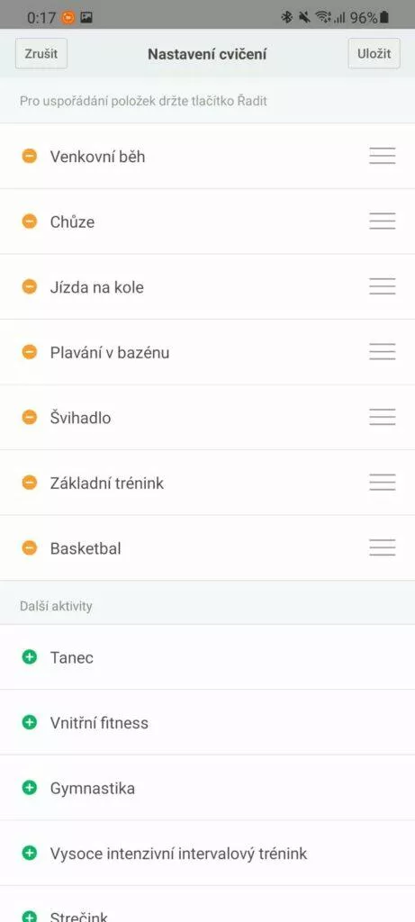 aplikace Mi Fit nastavení cvičení