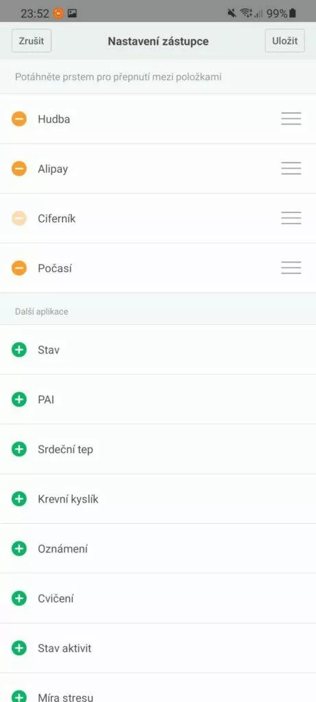aplikace Mi Fit zástupci horizontální menu
