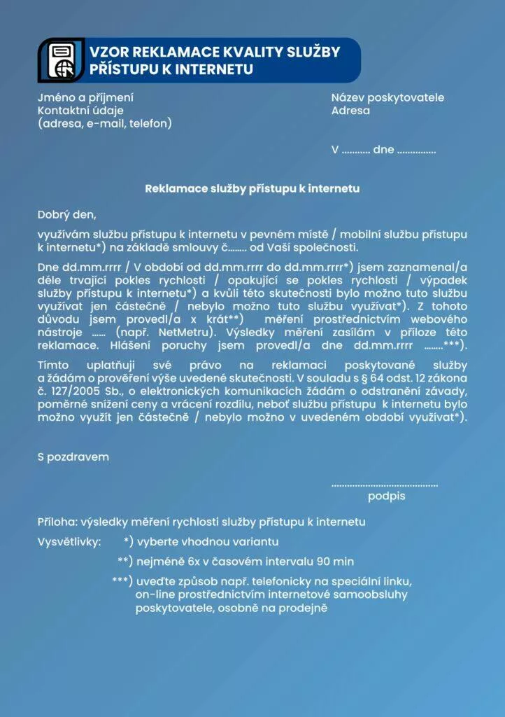 ČTÚ brožura rychlost internetu 6 vzor reklamace