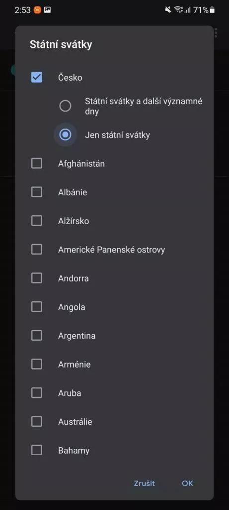 Google Kalendář zobrazování svátků významných dnů výběr země a dnů