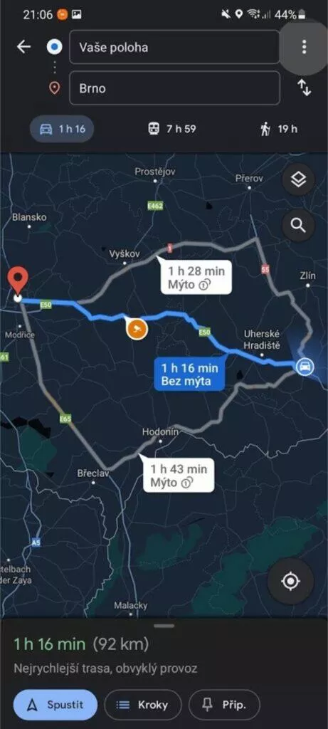 Jak se v Google Mapách vyhnout dálnicím trasa náhled