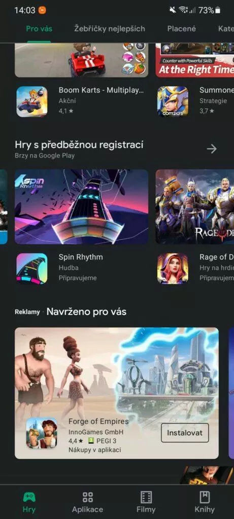 Obchod Play beta předběžný přístup 2 sekce