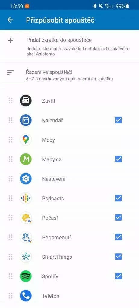 Android Auto přehlednější zástupce aplikací seznam aplikací
