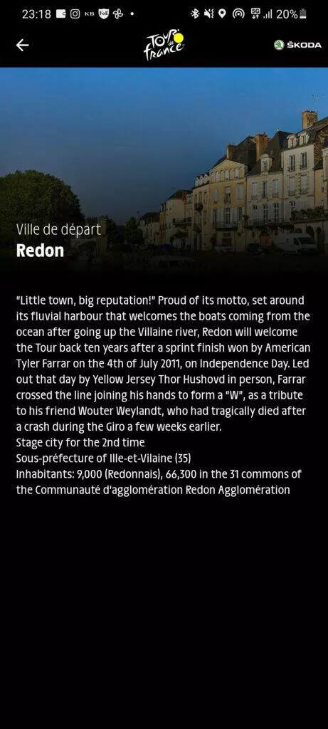 Aplikace Tour de France 2021 by Škoda cyklistika informace o destinacích