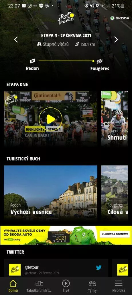 Aplikace Tour de France 2021 by Škoda cyklistika obrazovka domů