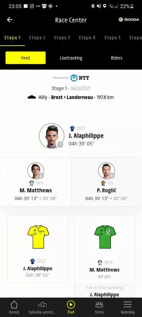 Aplikace Tour de France 2021 by Škoda cyklistika záložka živě