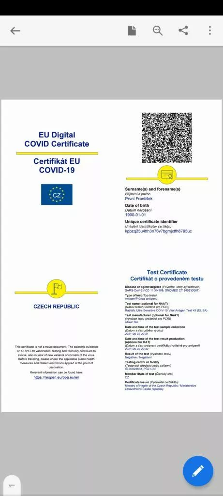 certifikát o očkování covid-19 koronavirus certifikát o očkování v mobilu aplikace Adobe Acrobat Reader pdf certifikát o provedeném testu