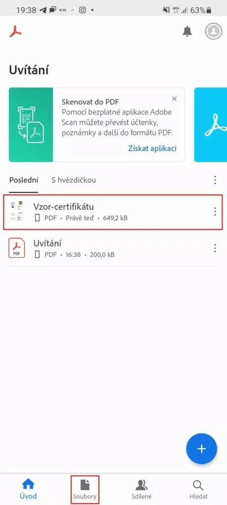 certifikát o očkování covid-19 koronavirus certifikát o očkování v mobilu aplikace Adobe Acrobat Reader pdf lišta