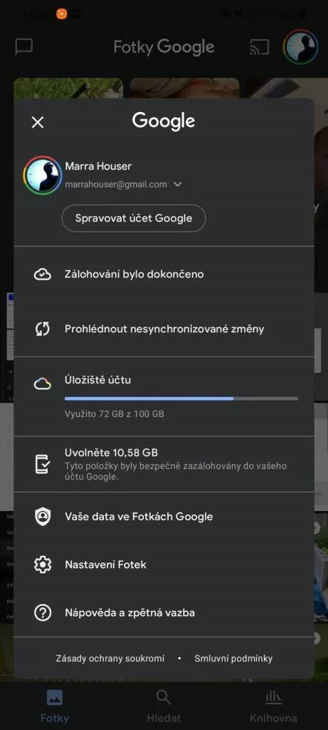 Fotky Google úložiště kapacita menu nastavení