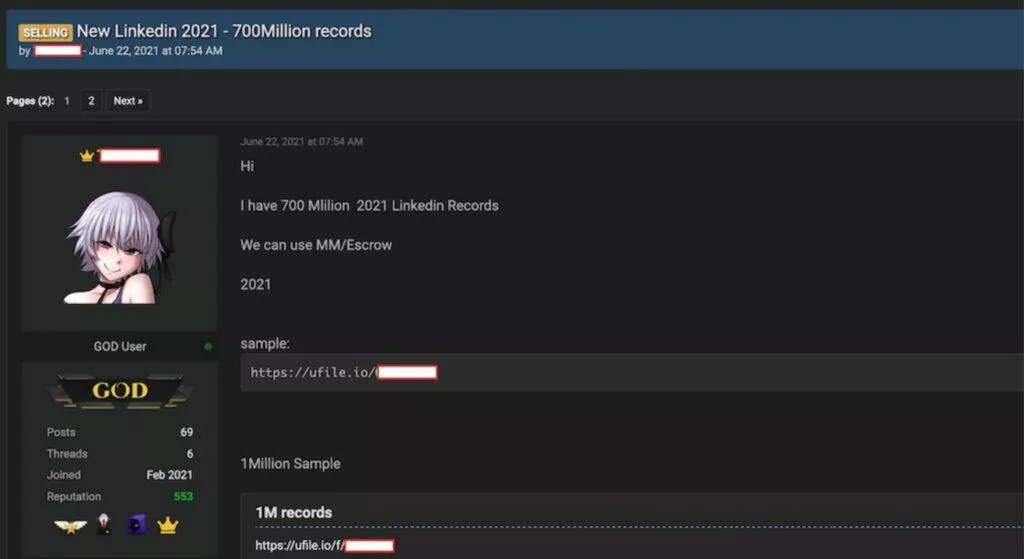 LinkedIn únik uživatelských dat inzerát