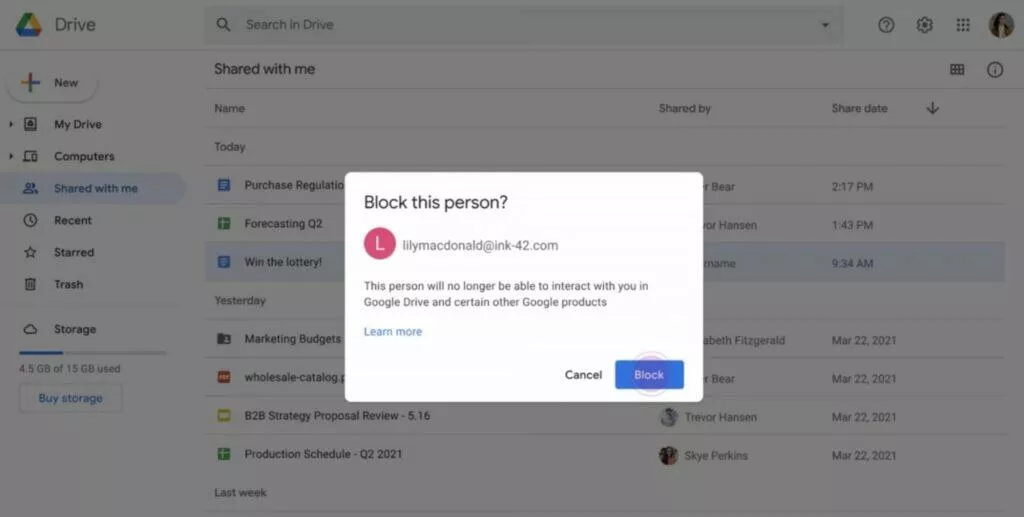 Google Disk blokování uživatelů dialog