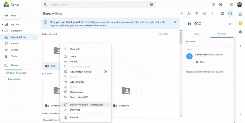 Google Disk blokování uživatelů menu