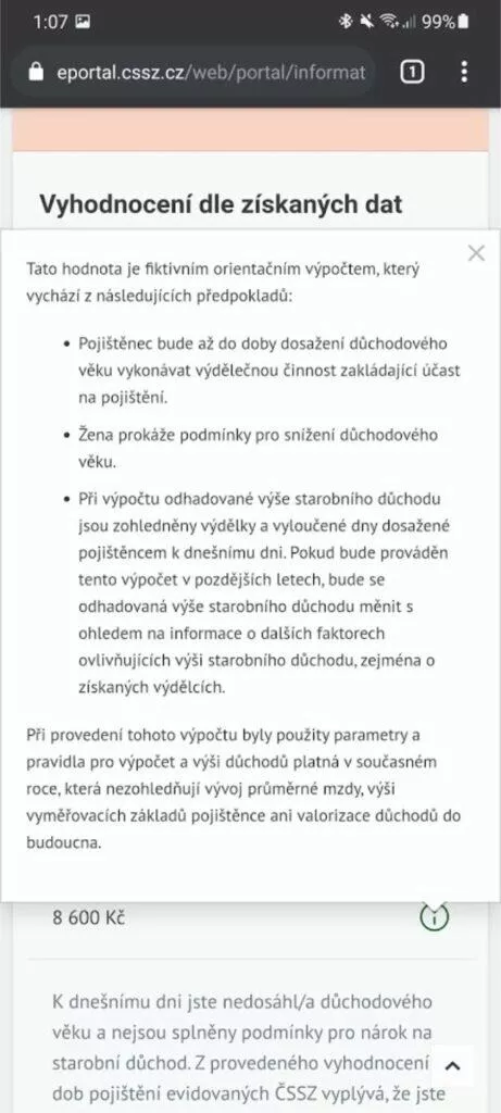 IDA informativní důchodová aplikace ČSSZ důchod kalkulačka 5 výše důchodu nápověda