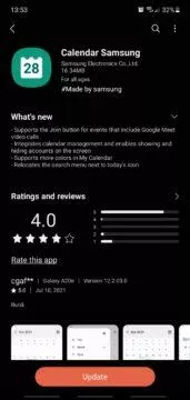 Samsung Kalendář Google Meet tlačítko changelog
