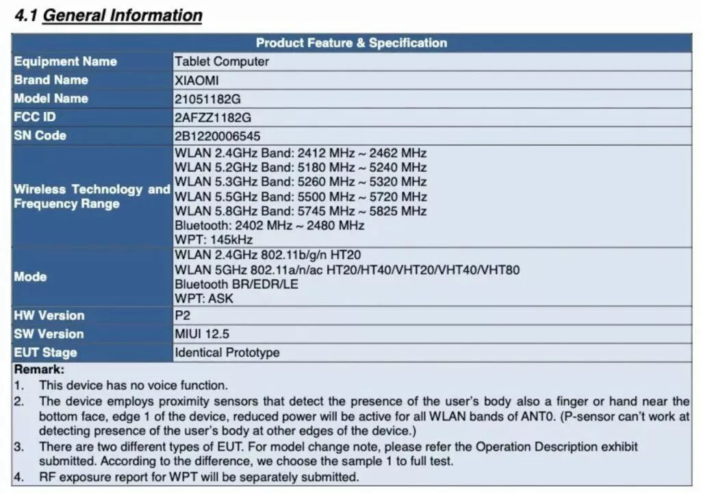 Xiaomi Mi Pad 5 FCC certifikace 1