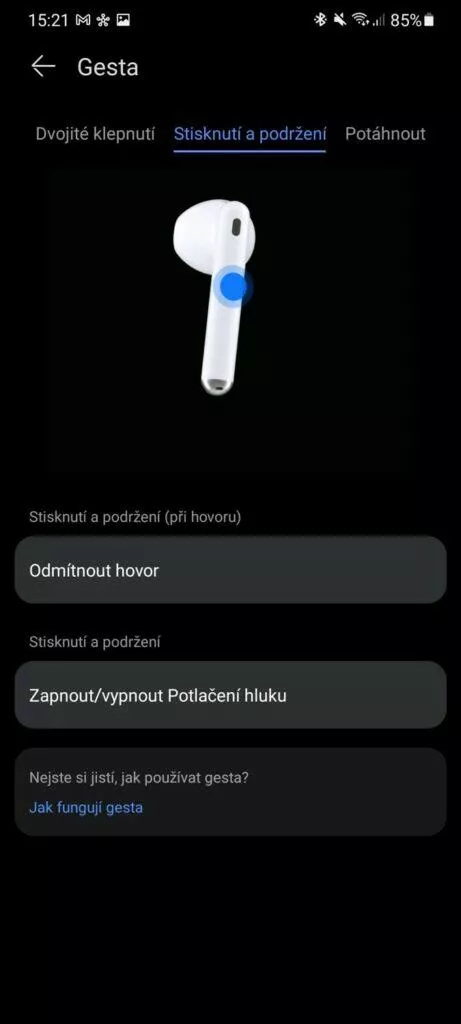 aplikace Huawei AI Life 11 gesta stisknutí a podržení
