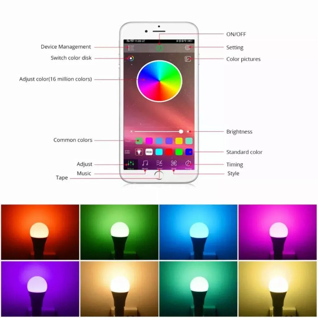 Bluetooth RGB E27 žárovka aplikace