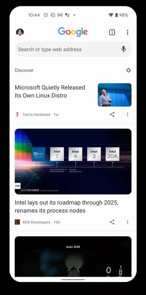 Google Chrome kanál Objevit hlavní karta nový test 1