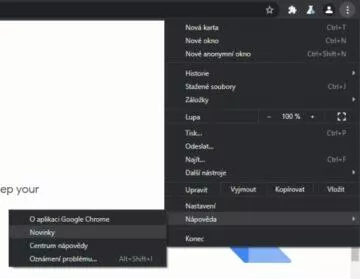 Google Chrome karta Novinky menu
