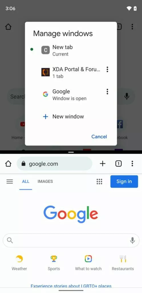Google Chrome více oken Android 12 manage windows