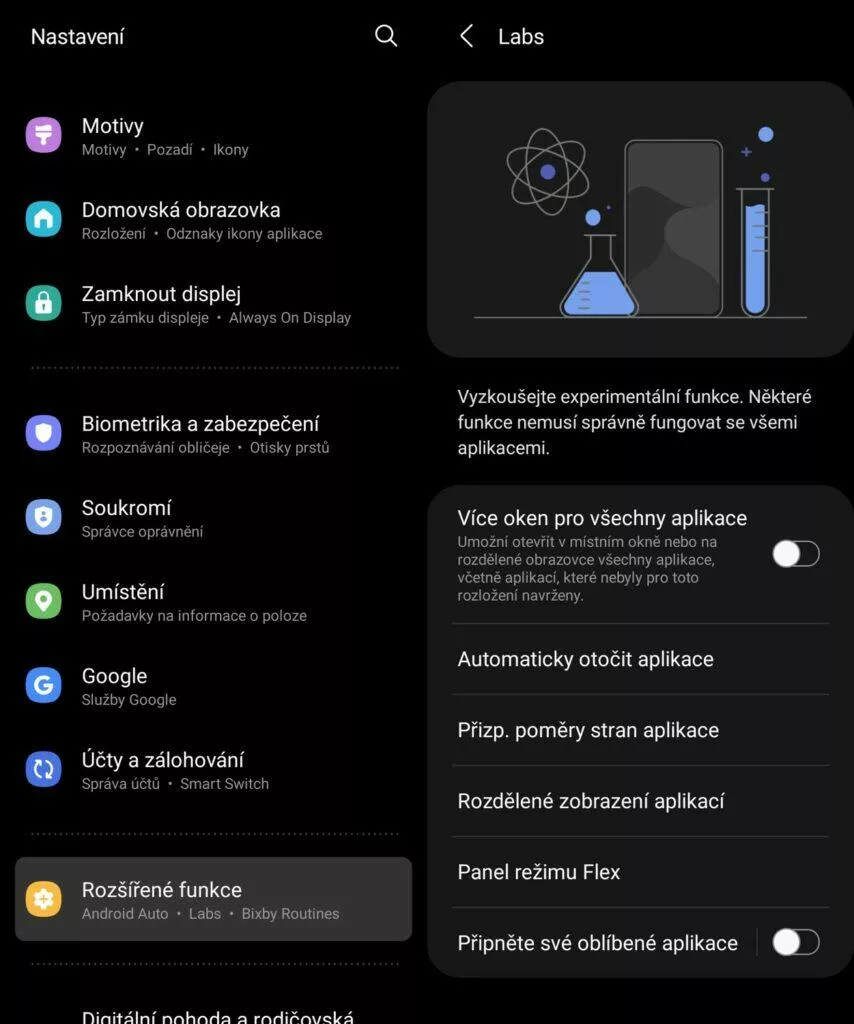 One UI nastavení Labs