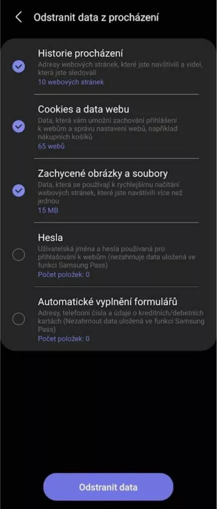 Samsung Internet 15 Odstranit data