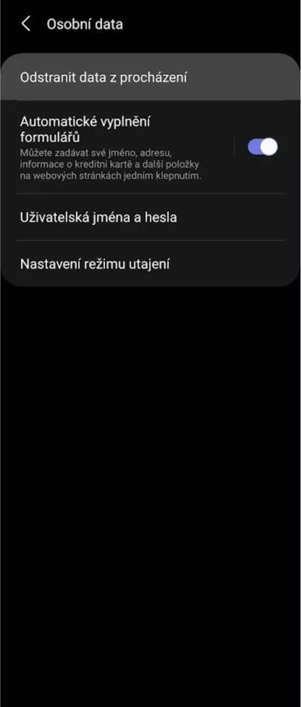 Samsung Internet 15 Osobní data