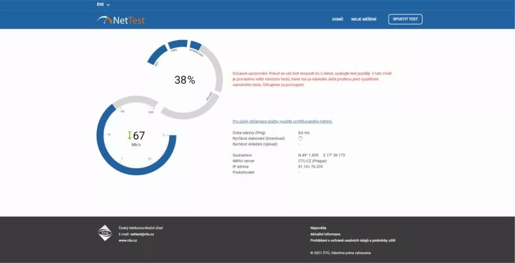 ČTÚ NetTest měření rychlosti download