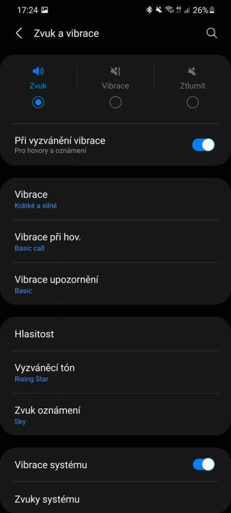 Galaxy Wearable 7 zvuk a vibrace