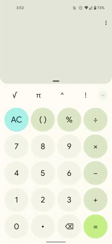 Google Kalkulačka Material You Android 12 design světlá zelená