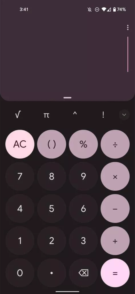 Google Kalkulačka Material You Android 12 design tmavá růžová